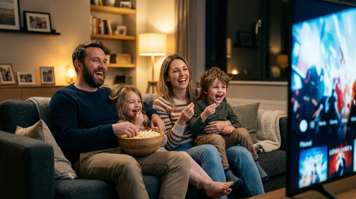 Família feliz assistindo Vision TV